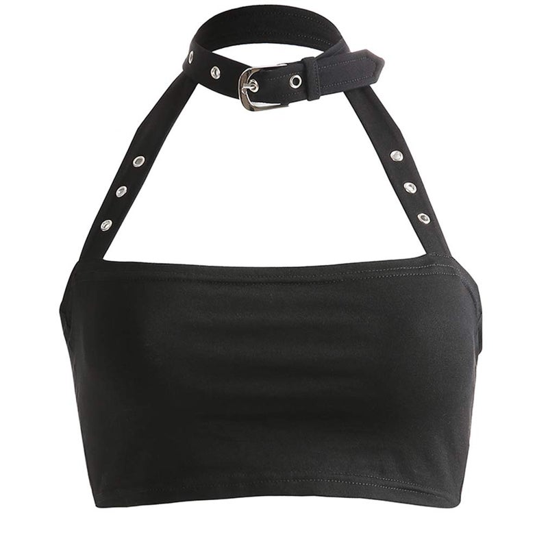 FlyCC Women Sexy Choker Buckle Halter Neck Crop Tube Top Rave Dance Cami Bandeau Tops Black B - Image 4